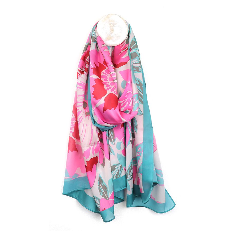 Tropical Print Silk Feel Scarf - Pink/Aqua – Box2