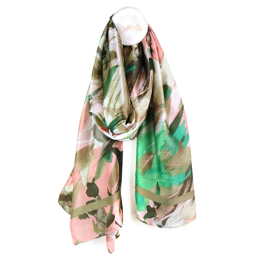 Brush Stroke Silk Feel Scarf - Pink/Green