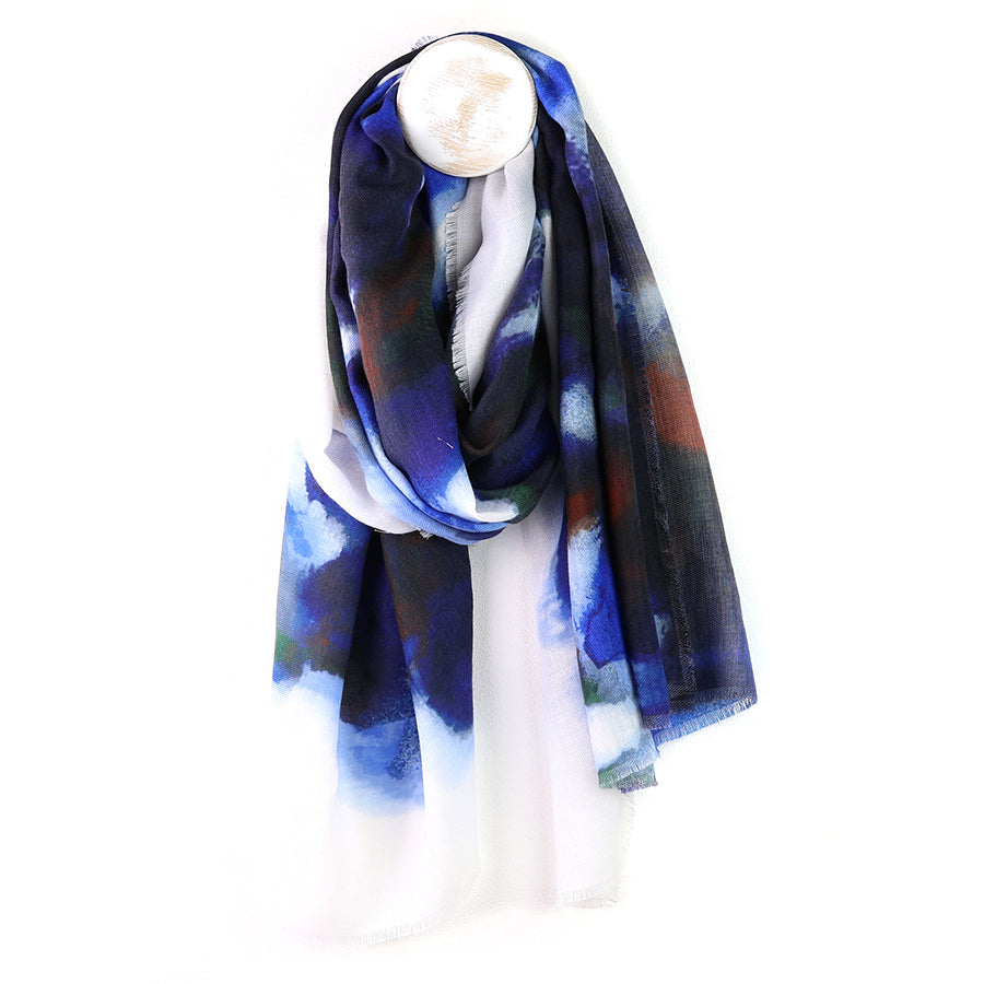 Inked Abstract Printed Scarf - Navy