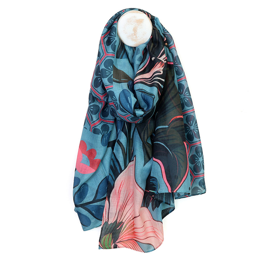 Hannah Multi Print Scarf -Teal/Pink