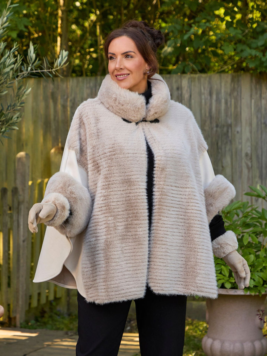 Ariana Faux Fur Trimmed Wrap - Natural