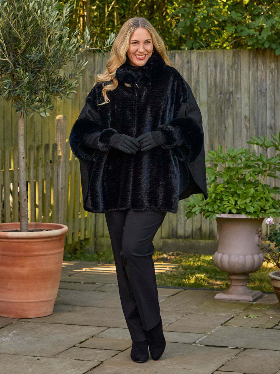 Ariana Faux Fur Trimmed Wrap - Black