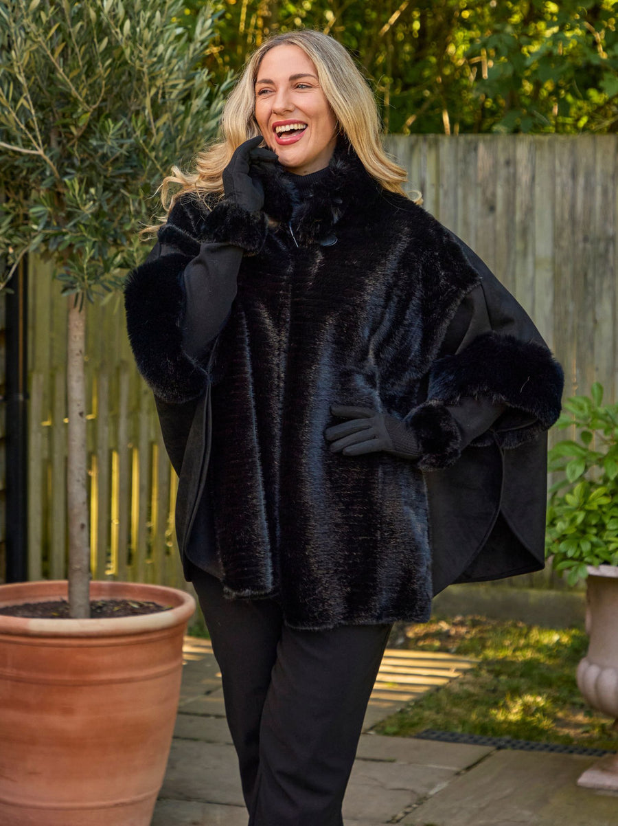 Ariana Faux Fur Trimmed Wrap - Black