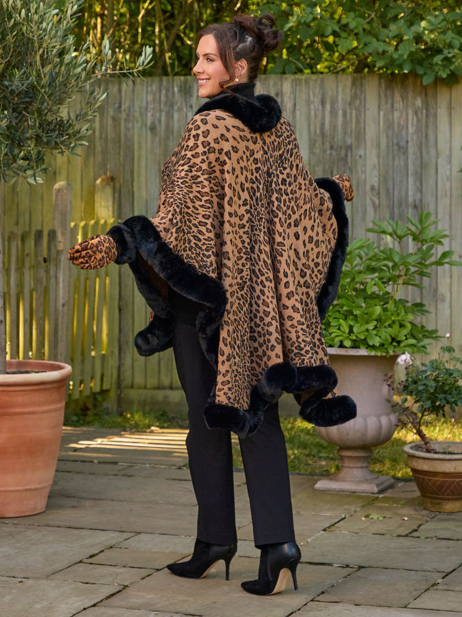 Simona Faux Fur Trimmed Wrap - Leopard