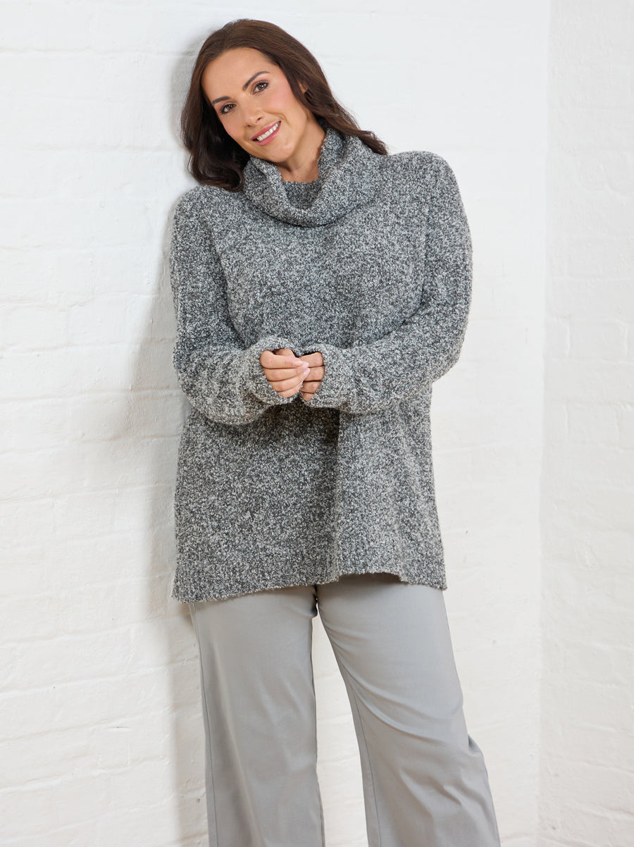 Melissa Boucle Knit Roll Neck Jumper - Grey Melange