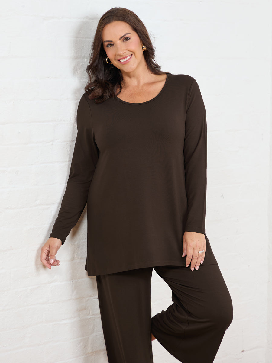 Tessa Jersey Long Sleeve Top - Chocolate
