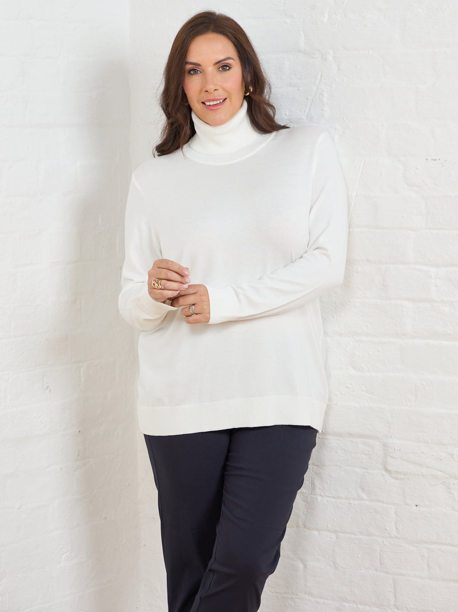 Marisse Plain Knit Roll Neck Jumper - Cream