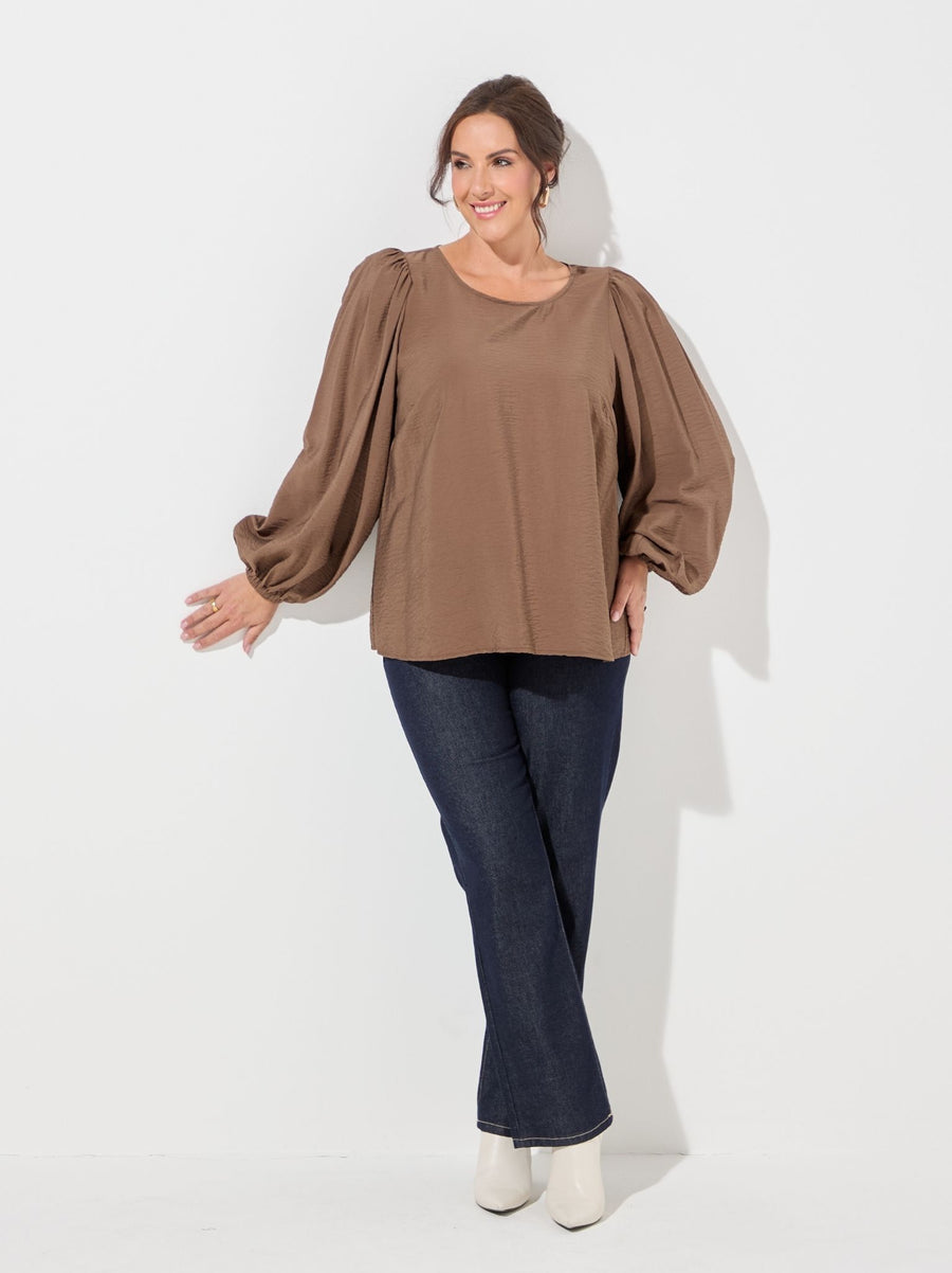 KAFFE Curve Gila Brown Puff Sleeve Blouse