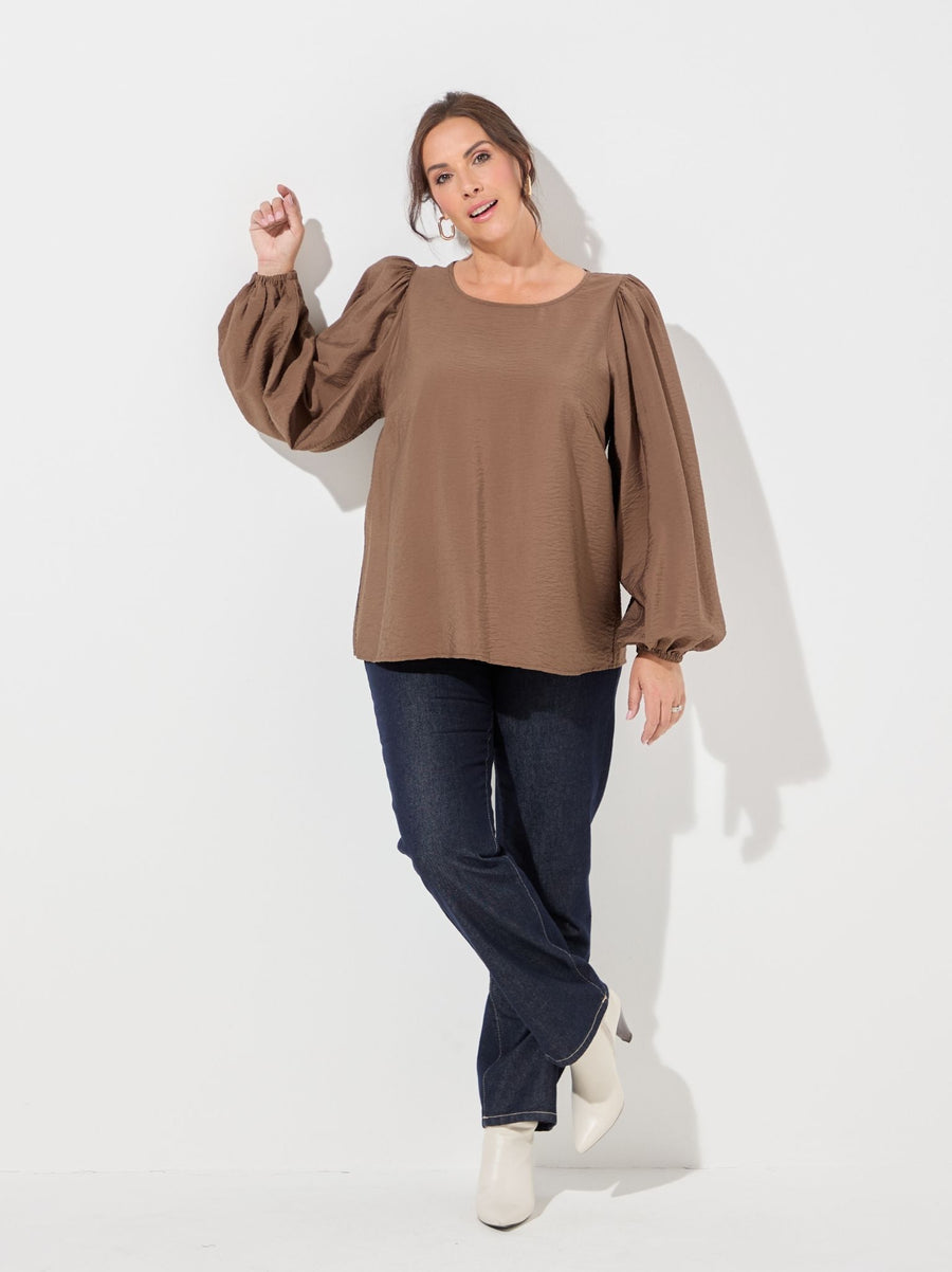 KAFFE Curve Gila Brown Puff Sleeve Blouse