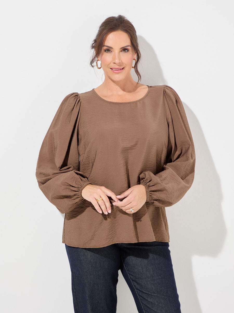 KAFFE Curve Gila Brown Puff Sleeve Blouse