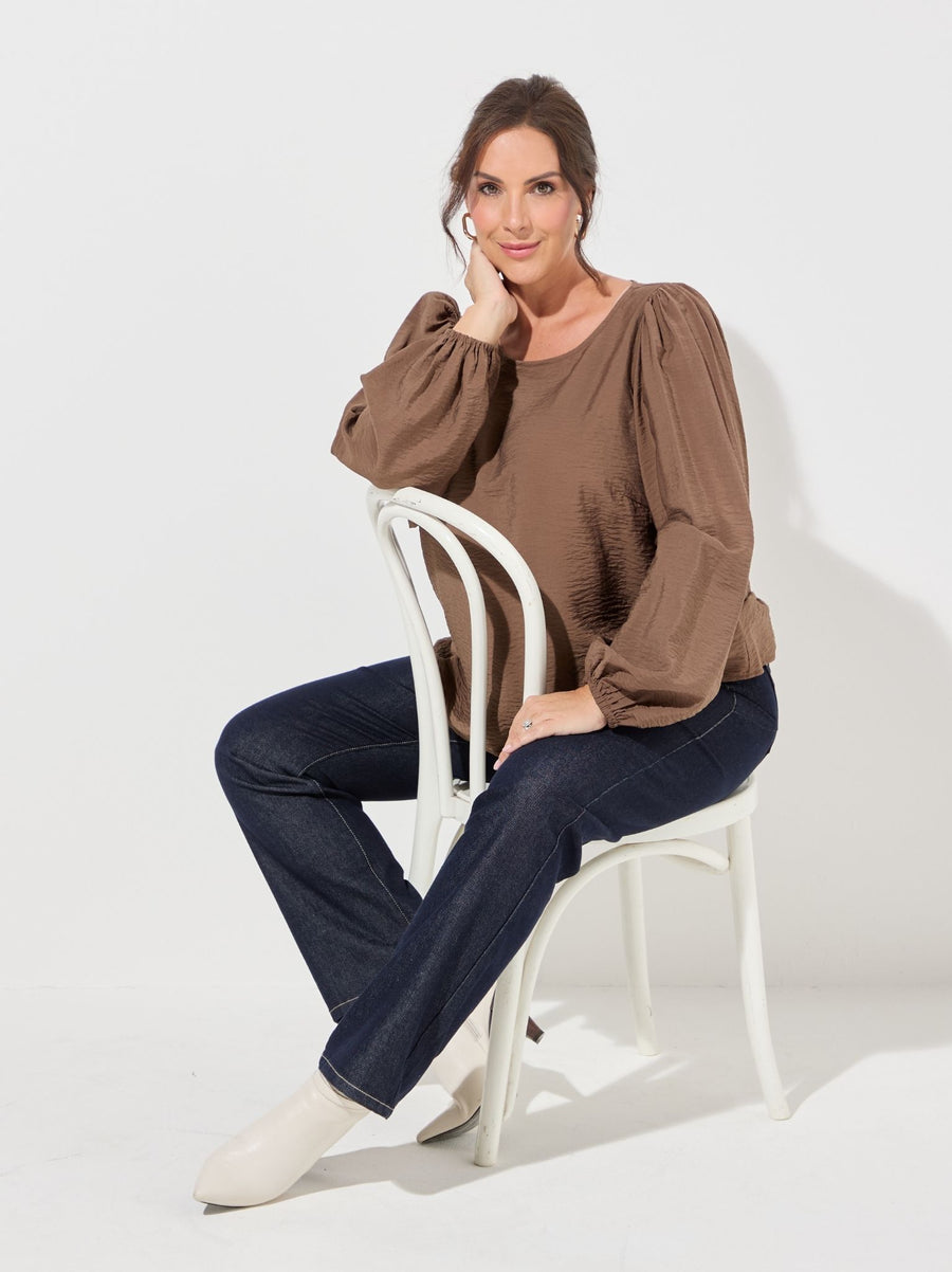 KAFFE Curve Gila Brown Puff Sleeve Blouse