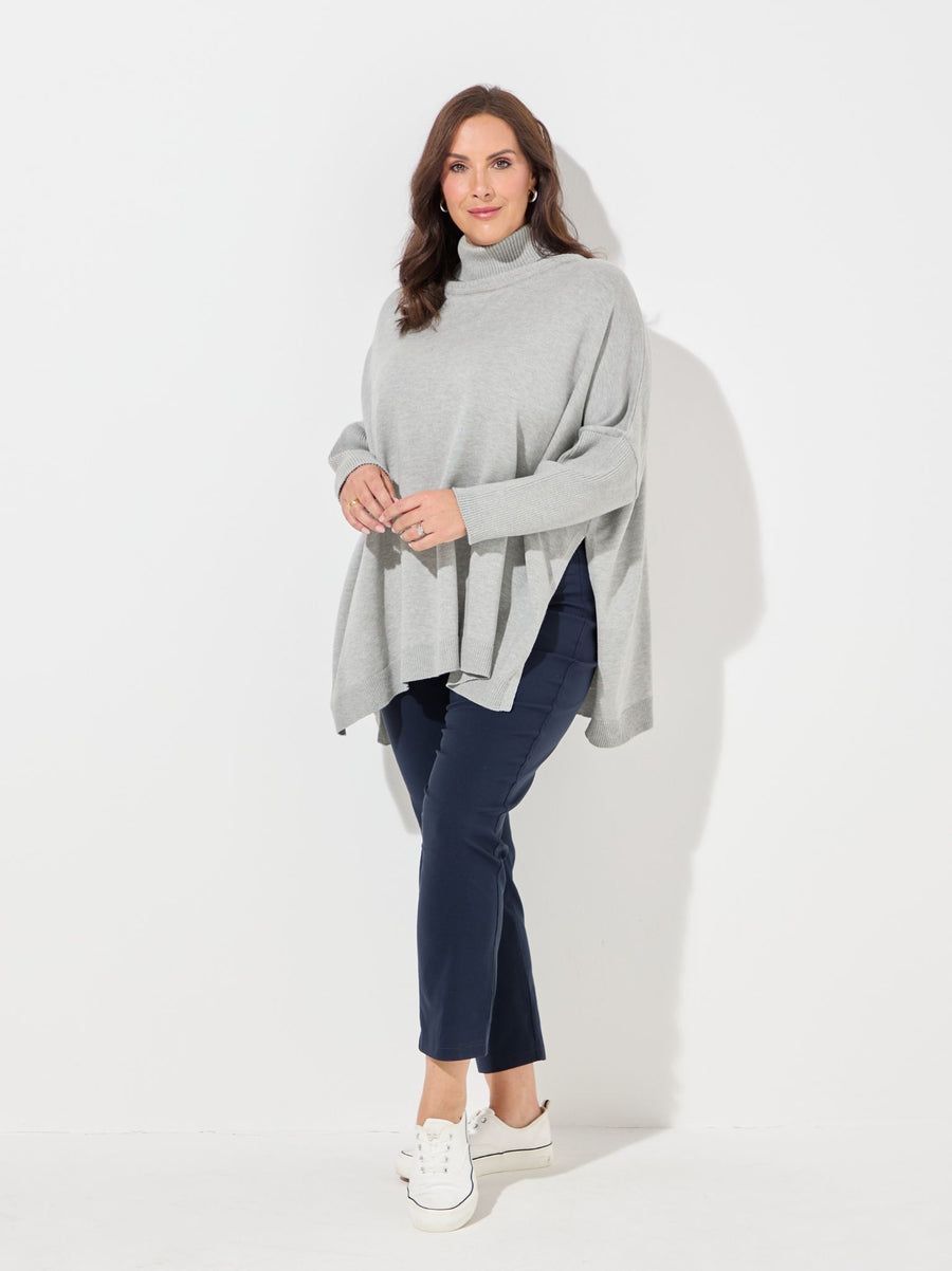 Amaryllis Grey Plain Knit Cowl Neck Poncho