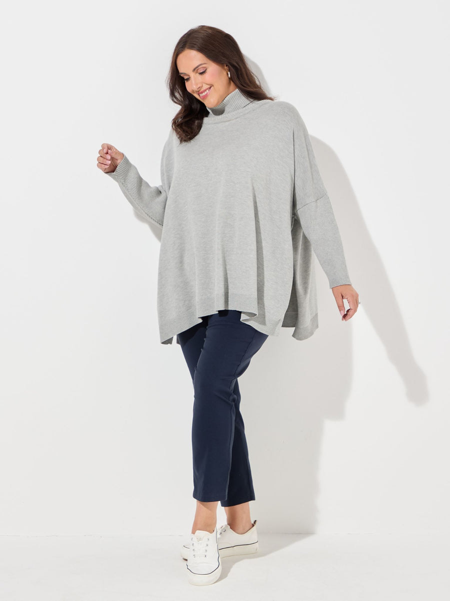 Amaryllis Grey Plain Knit Cowl Neck Poncho