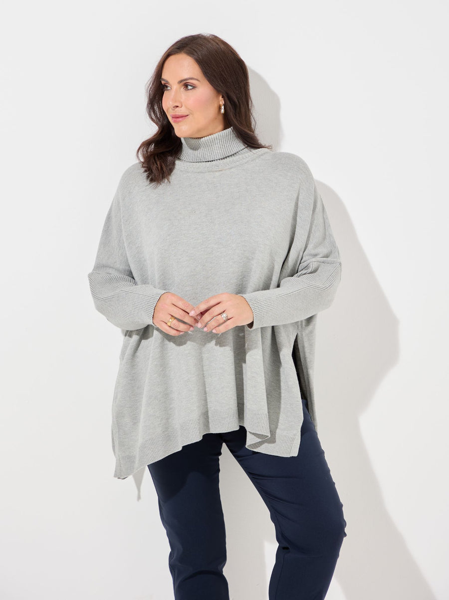 Amaryllis Grey Plain Knit Cowl Neck Poncho