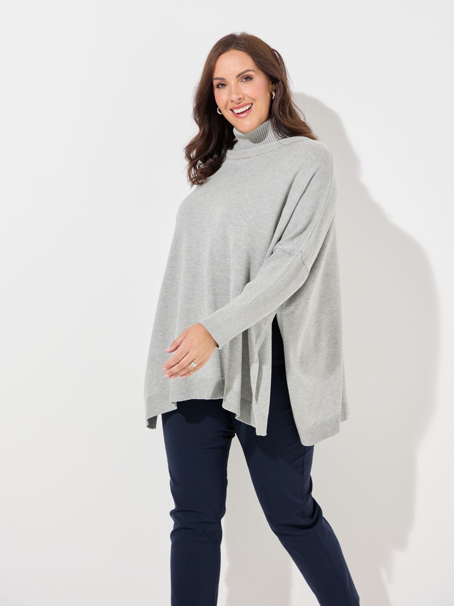 Amaryllis Grey Plain Knit Cowl Neck Poncho