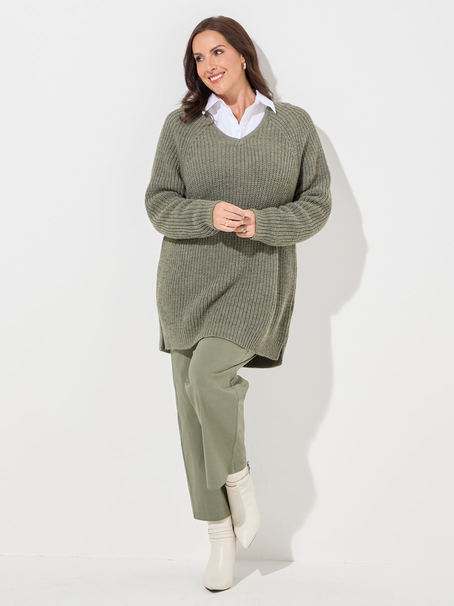 Mavis Sage V-Neck Knit Jumper