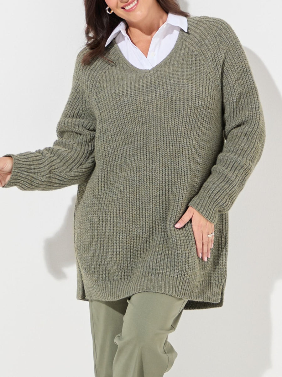 Mavis Sage V-Neck Knit Jumper