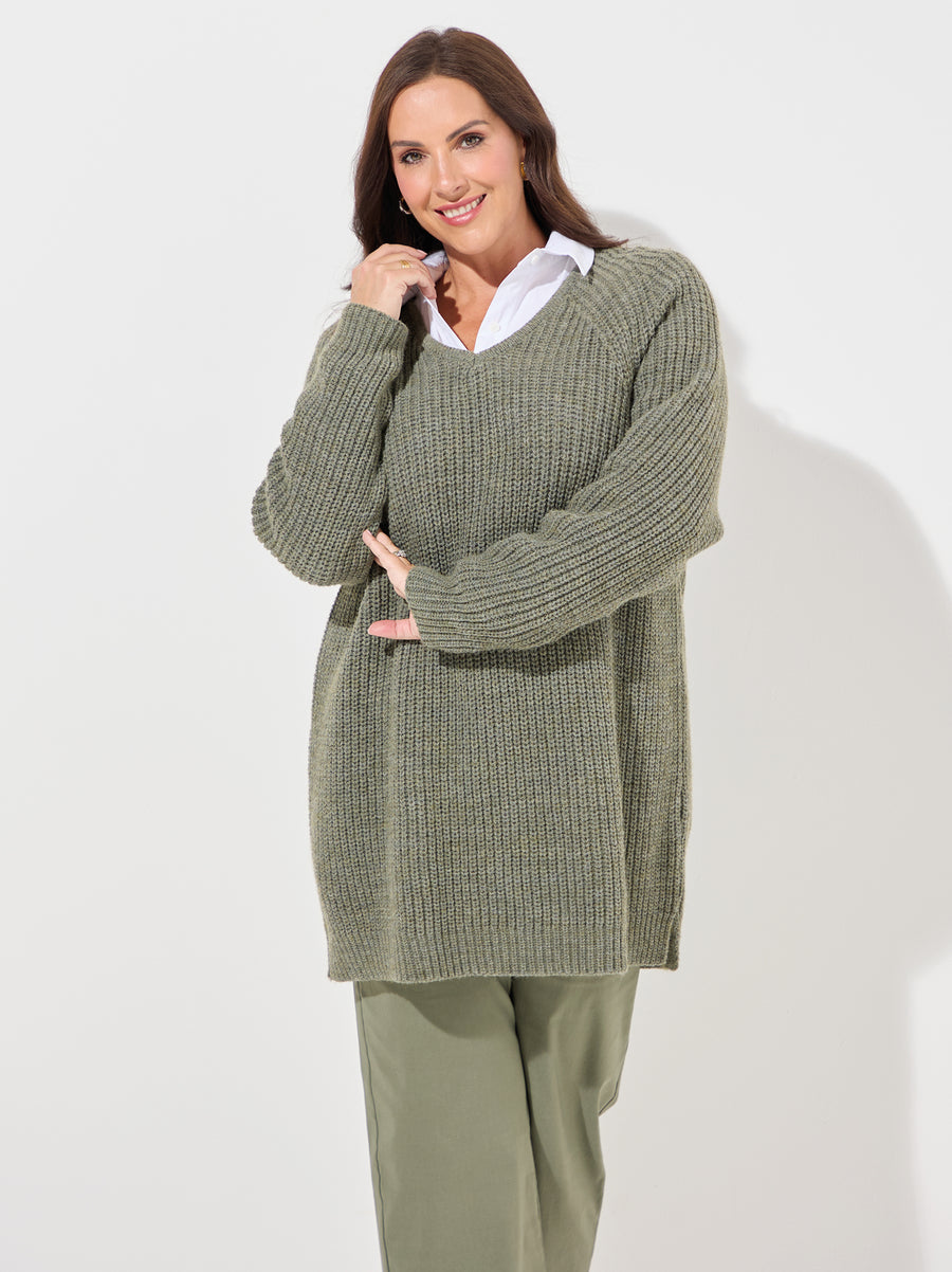 Mavis Sage V-Neck Knit Jumper