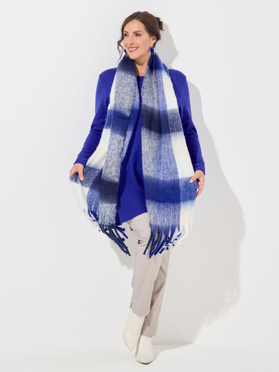 Fluffy Checked Winter Scarf - Royal Blue