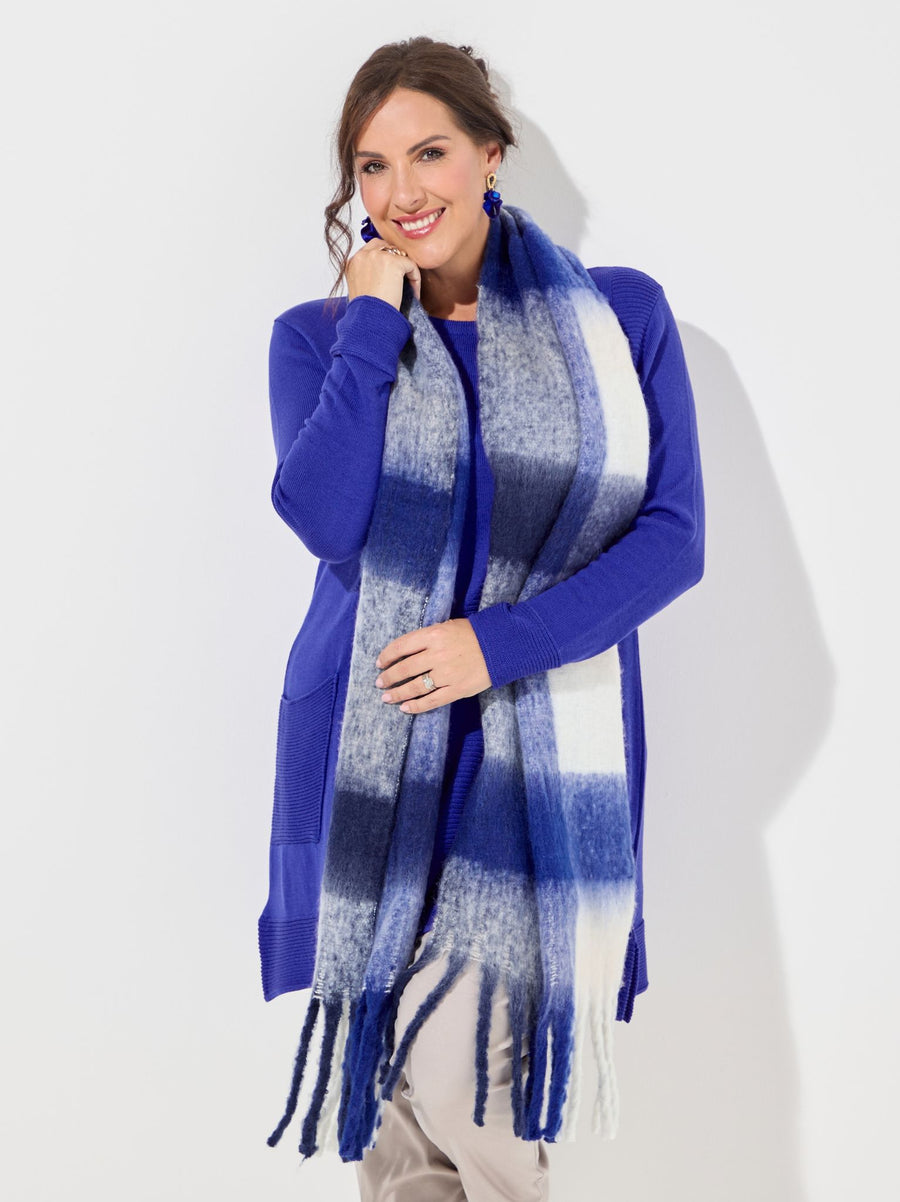 Fluffy Checked Winter Scarf - Royal Blue