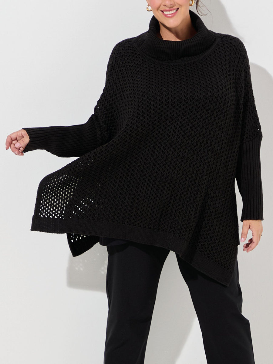 Ilona Crochet Knit Poncho - Black