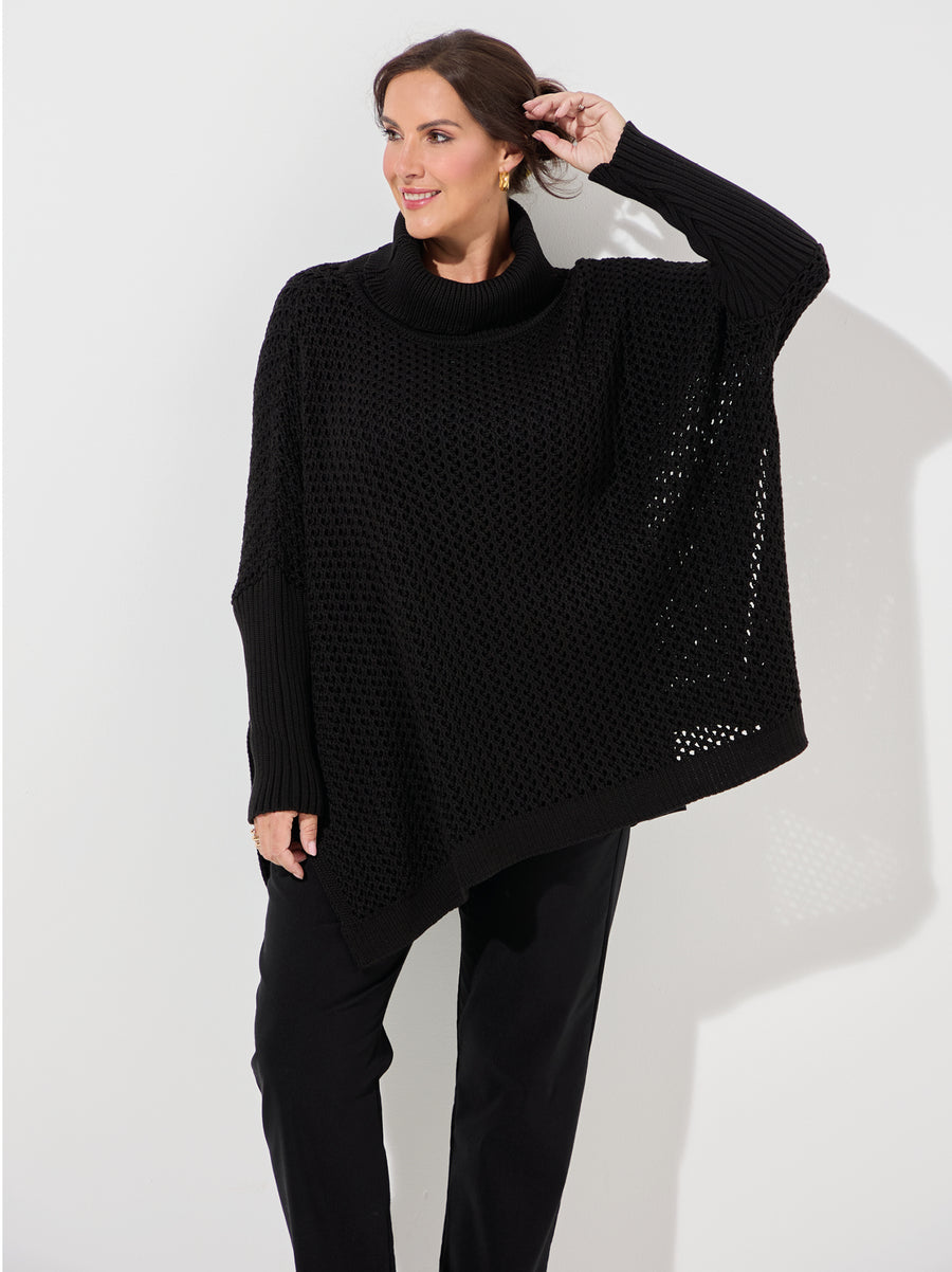 Ilona Crochet Knit Poncho - Black