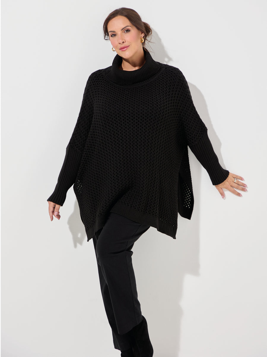 Ilona Crochet Knit Poncho - Black