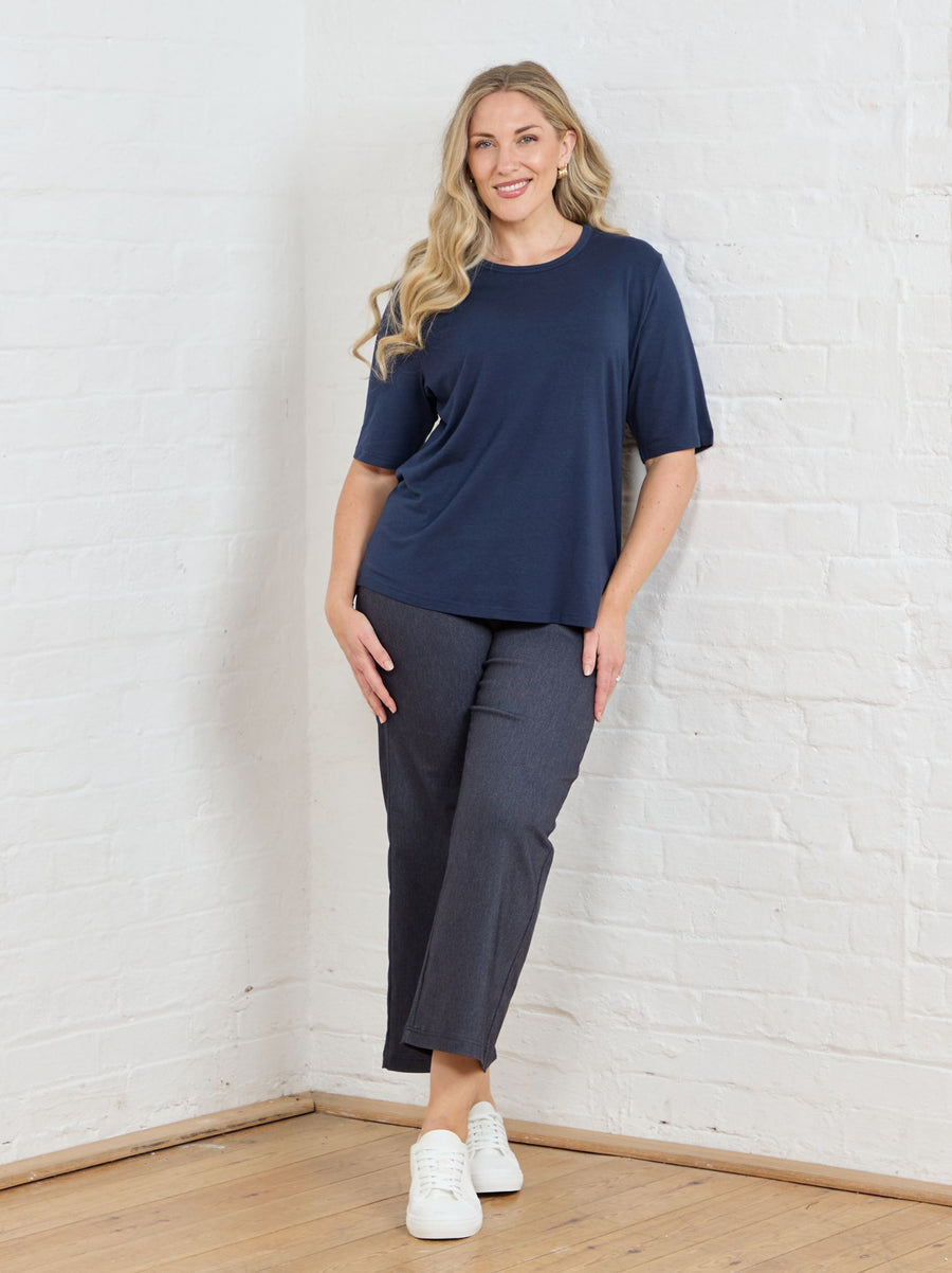 Tiara Cotton Mix Short Sleeve Top - Navy