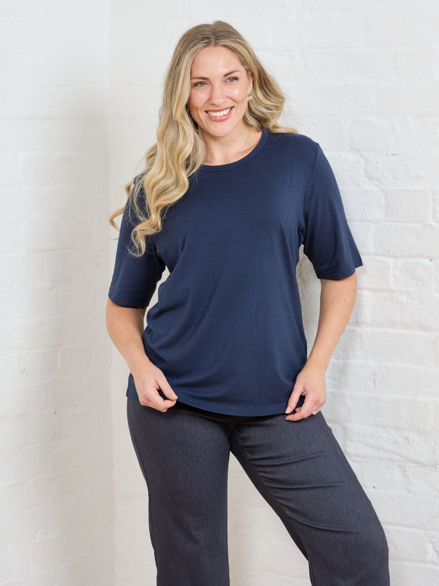 Tiara Cotton Mix Short Sleeve Top - Navy