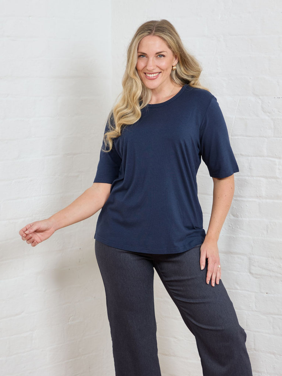 Tiara Cotton Mix Short Sleeve Top - Navy