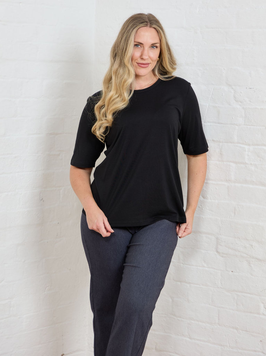 Tiara Cotton Mix Short Sleeve Top - Black
