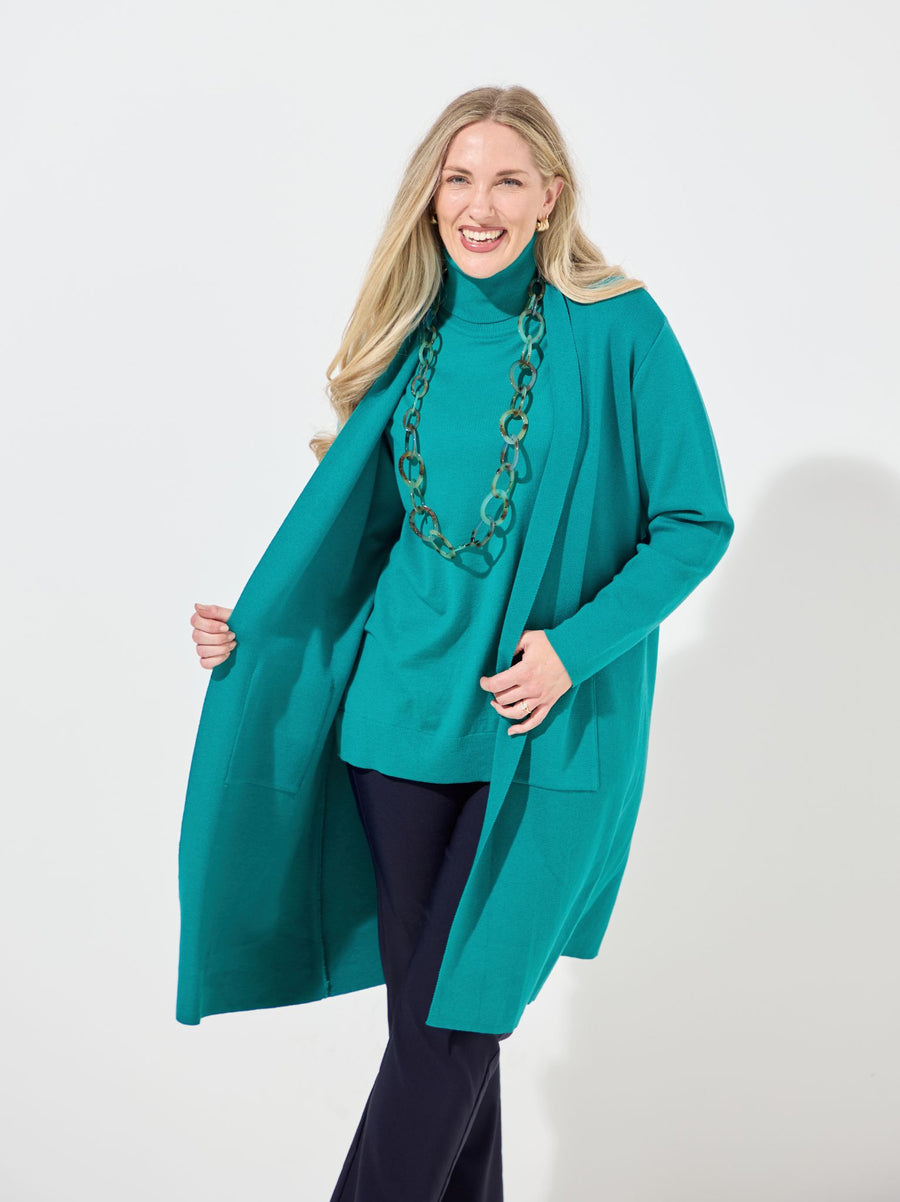 Christy Teal Plain Knit Long Cardigan
