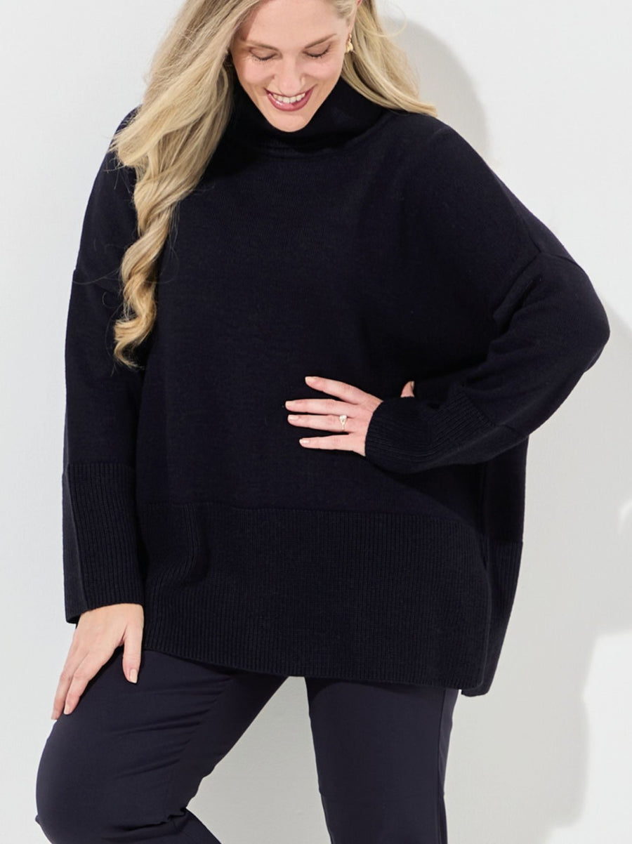 Melanie Navy Roll Neck Rib Jumper