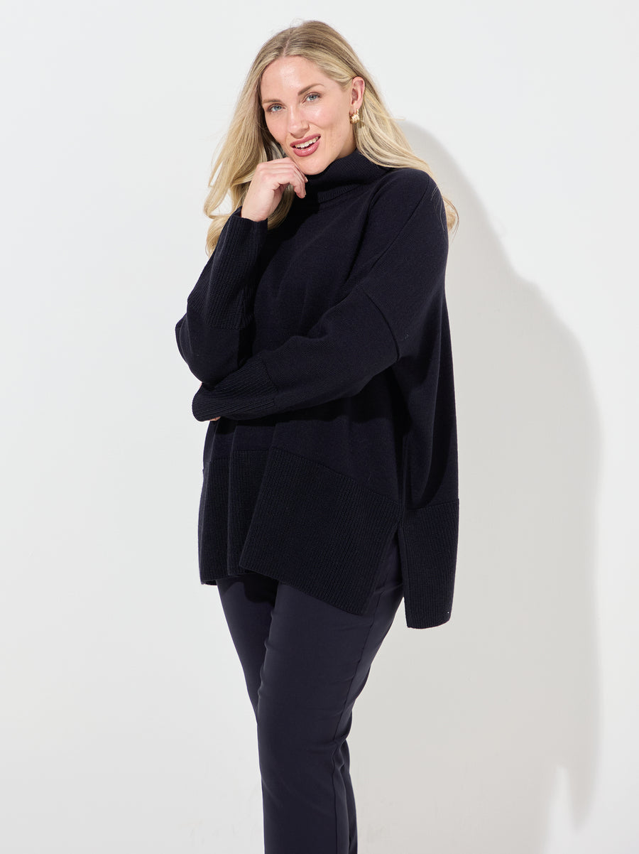Melanie Navy Roll Neck Rib Jumper