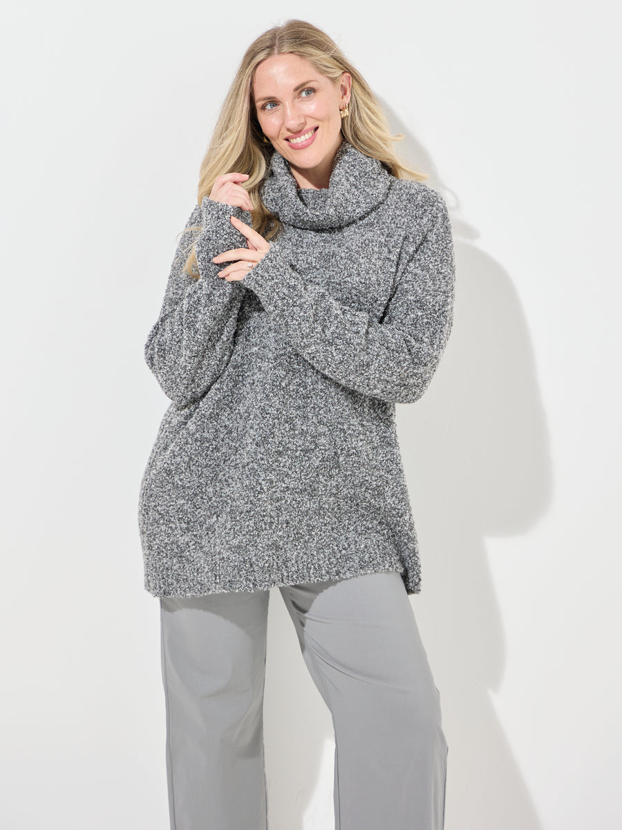 Melissa Boucle Knit Roll Neck Jumper - Grey Melange