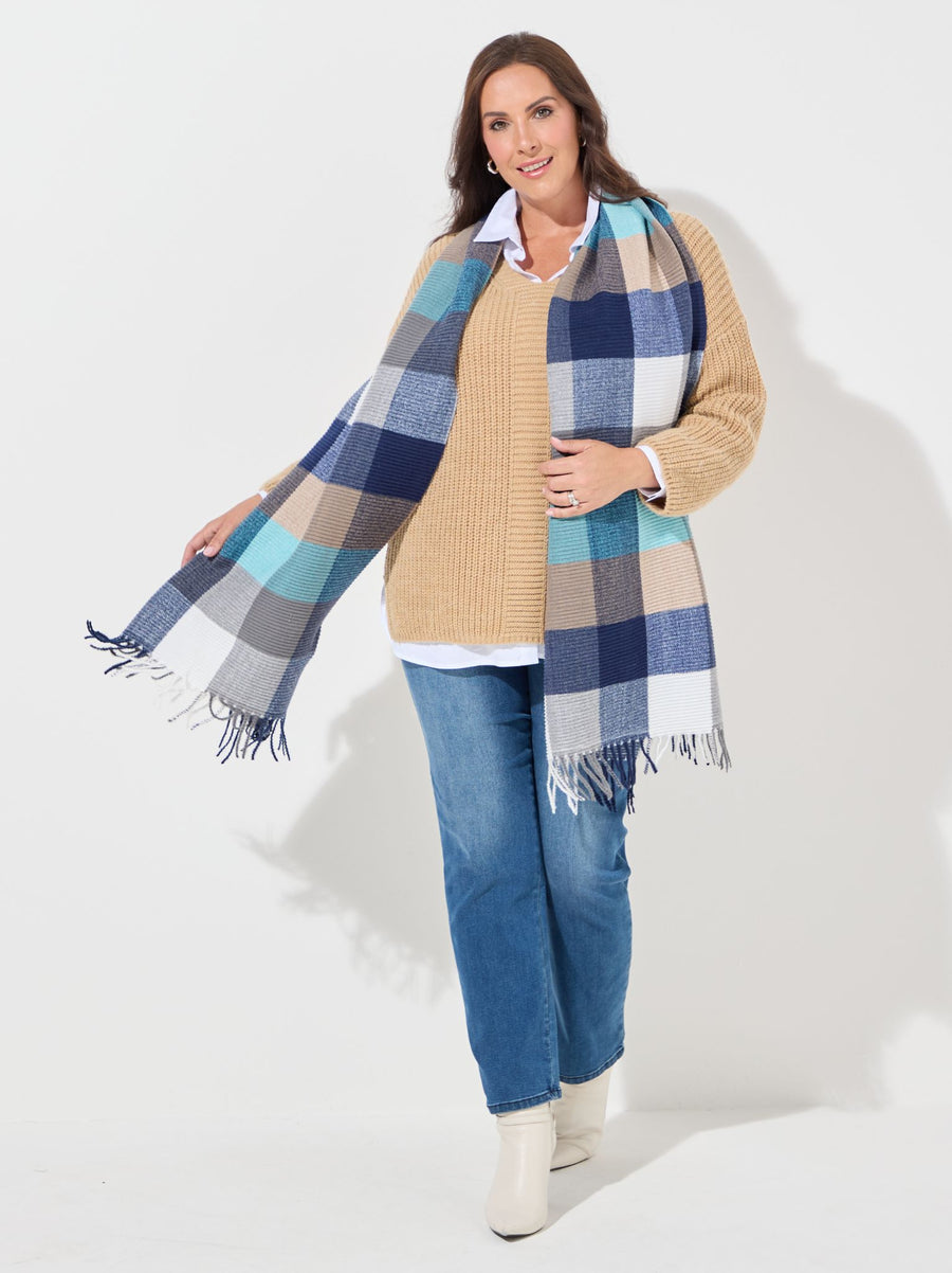 Harriet Navy/Taupe Pleated Check Scarf