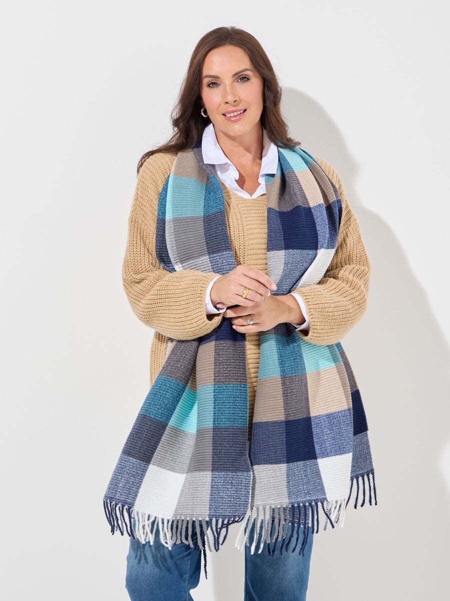 Harriet Navy/Taupe Pleated Check Scarf