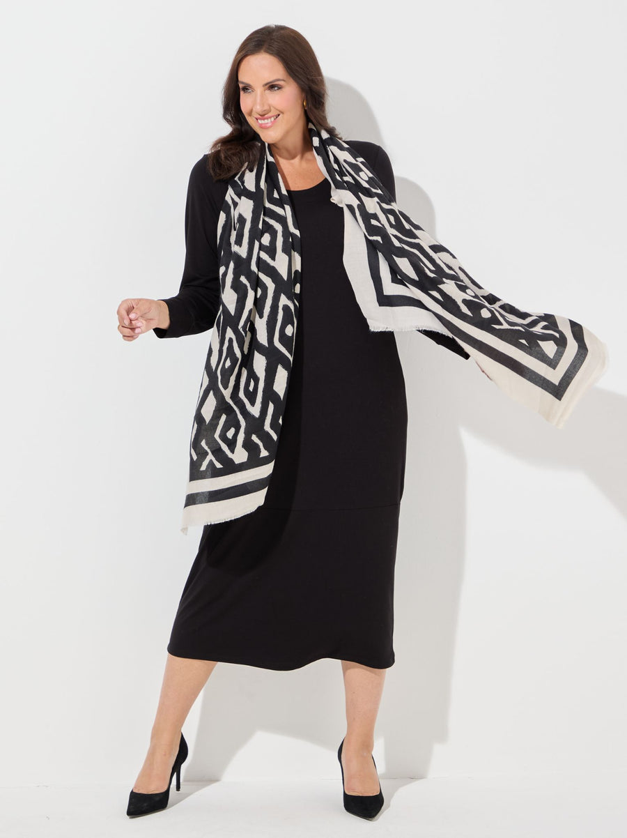 Amber Ecru/black Abstract Print Scarf