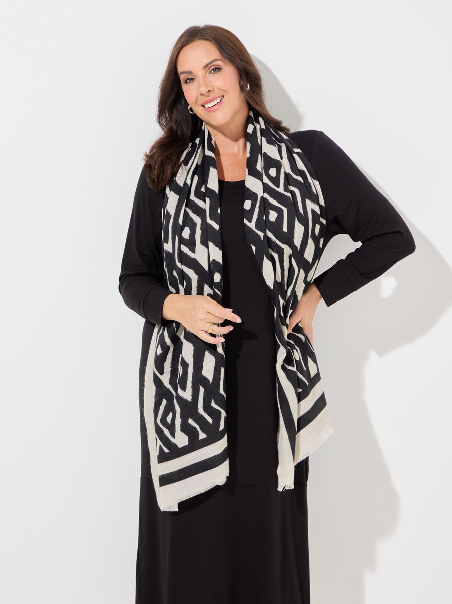 Amber Ecru/black Abstract Print Scarf