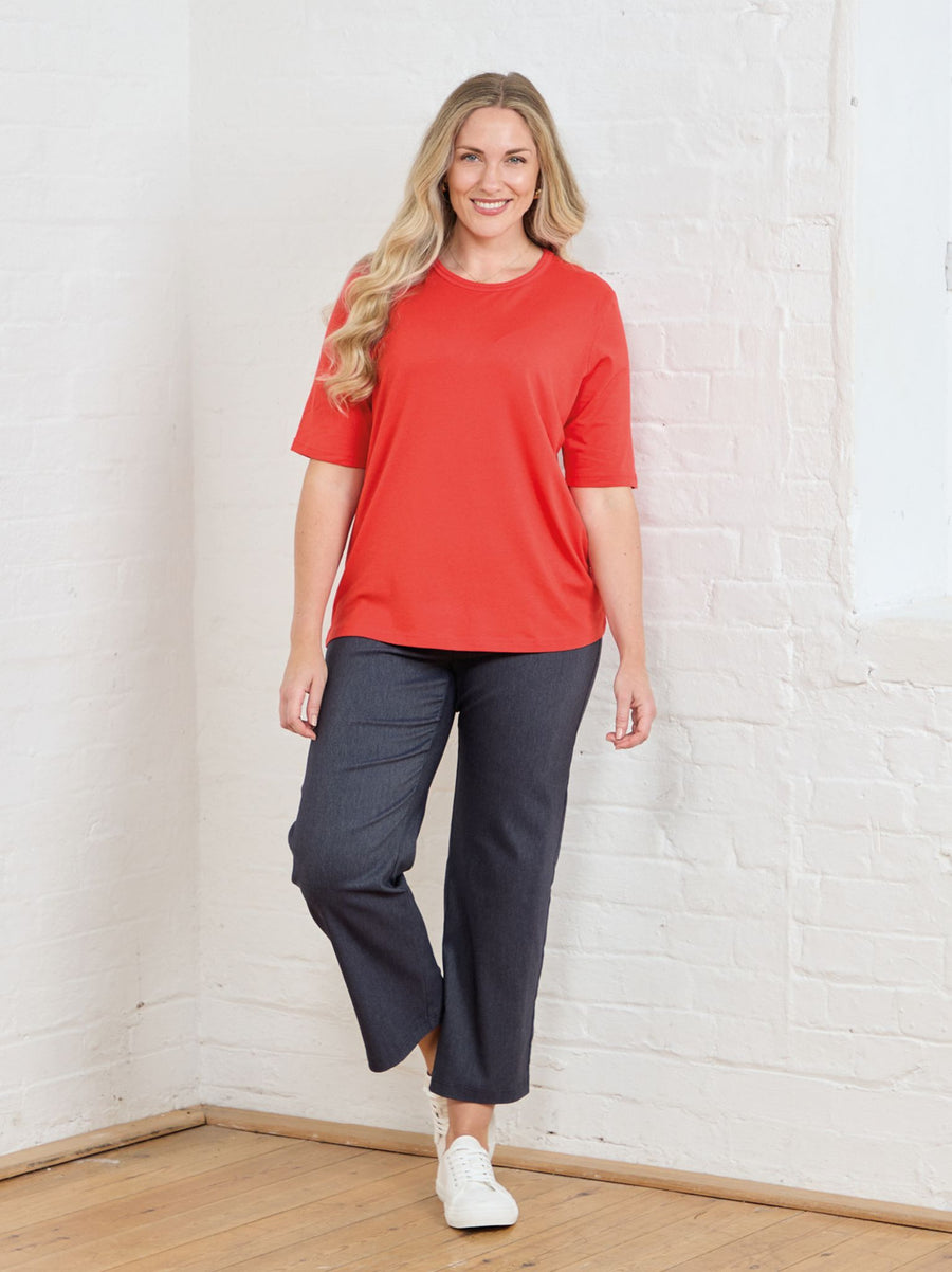Tiara Cotton Mix Short Sleeve Top - Tomato