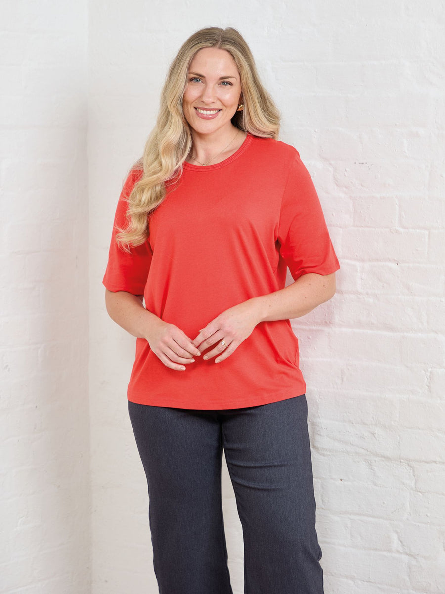 Tiara Cotton Mix Short Sleeve Top - Tomato