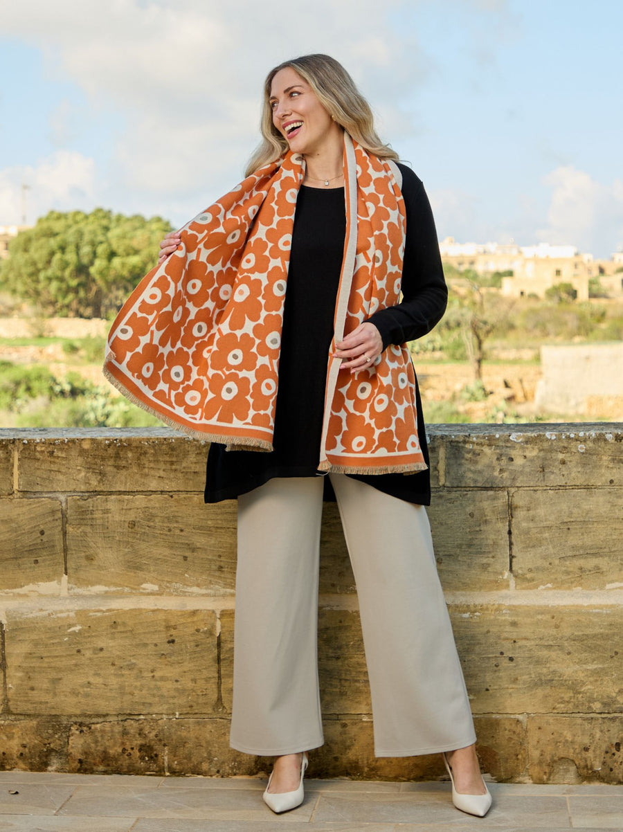 Poppies Print Jacquard Scarf - Orange