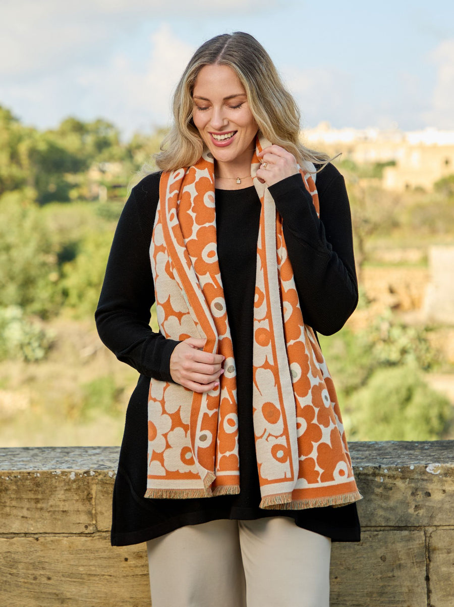 Poppies Print Jacquard Scarf - Orange