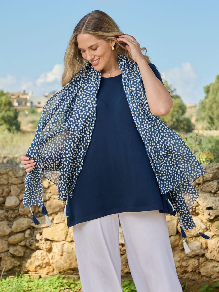 Polka Dot Organic Cotton Scarf - Navy
