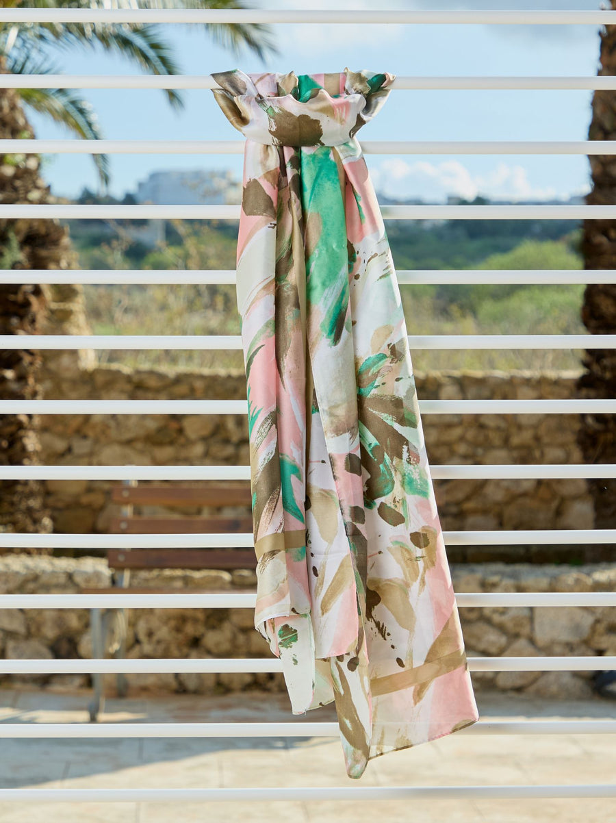 Brush Stroke Silk Feel Scarf - Pink/Green
