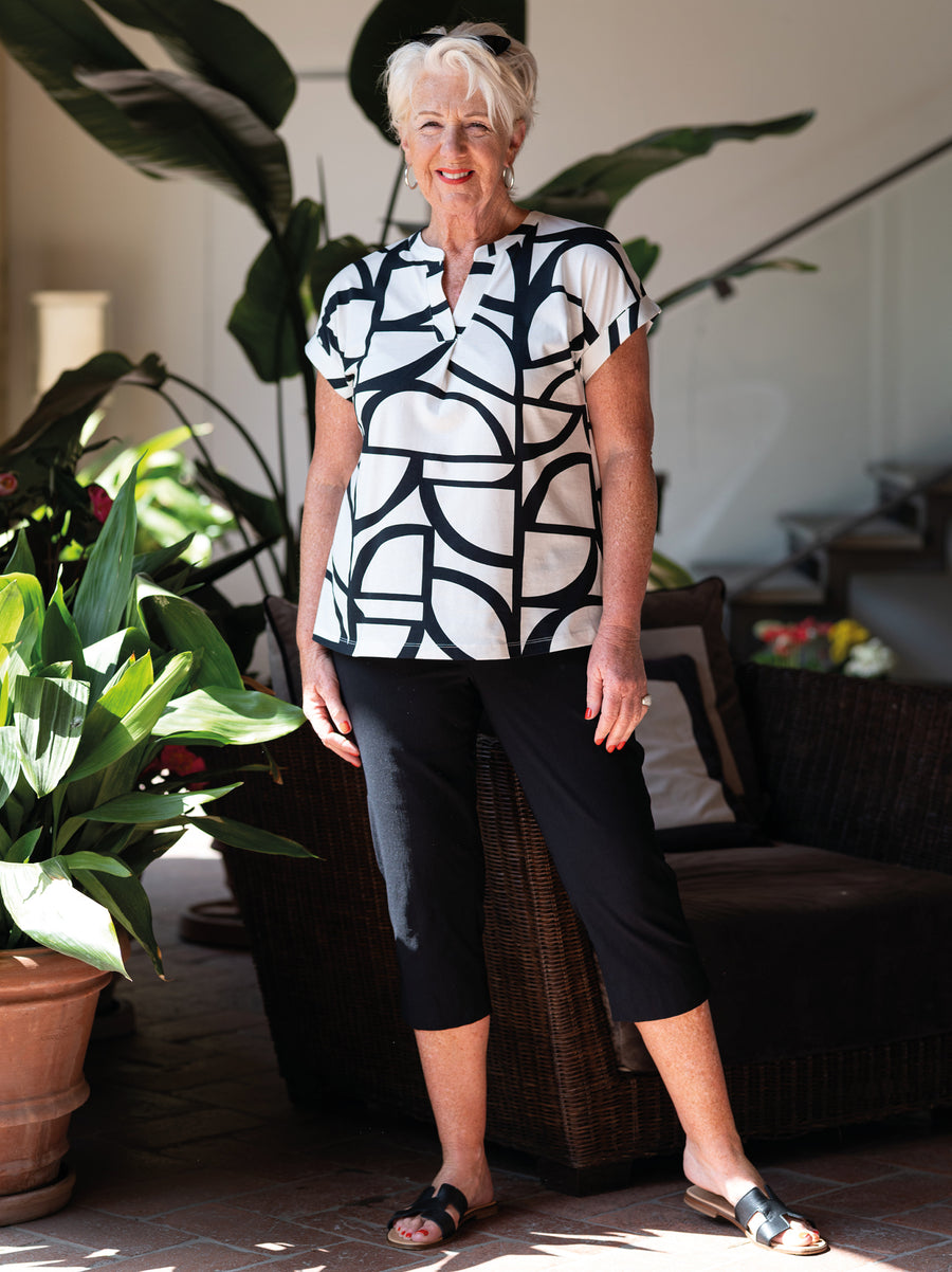Tasha White/Black Print Cotton Top