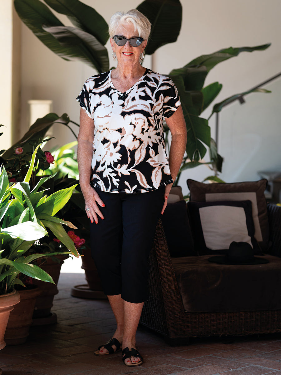 Thelma Black Natural Jersey Print Top
